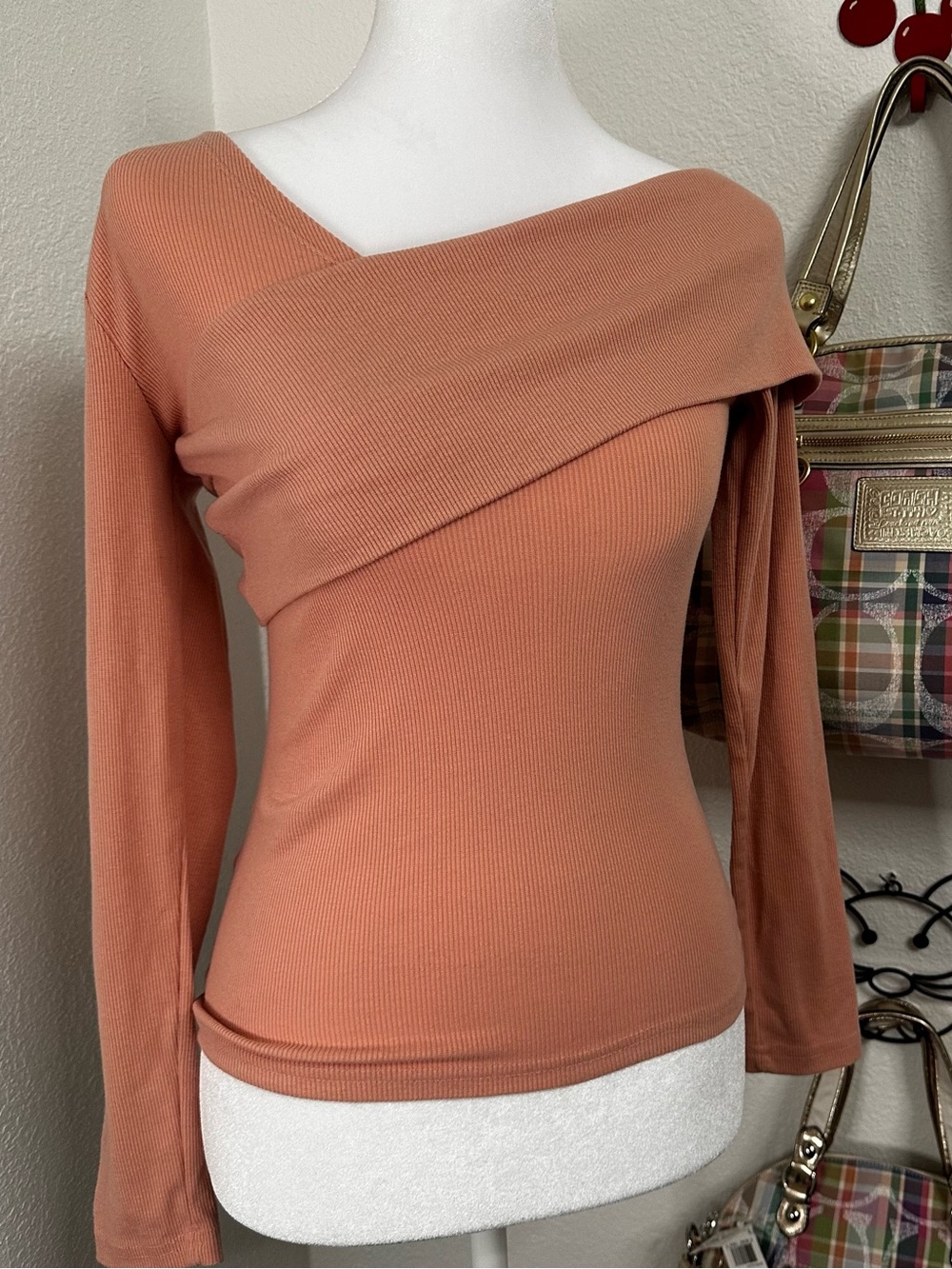 Off Shoulder Sweater Salmon Pink small top comfy asymmetrical design fold over